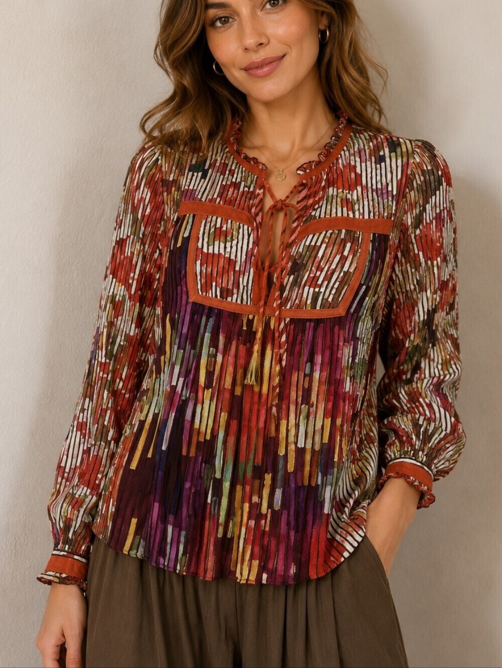 CONDITIONS APPLY Rainbow Candy Striped Ruffle Split Neck Bow Tie Top
